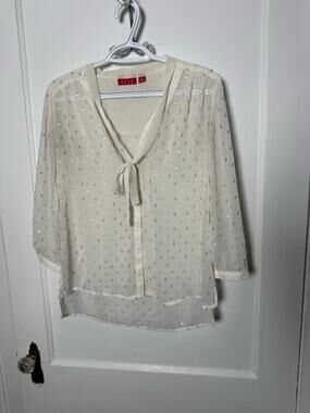 Elle Women's White Gold Sheer Button Down Tie Top Blouse Size XS 3/4 Sleeve